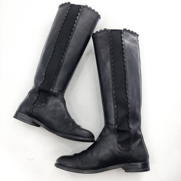 KATE SPADE Rayna Black Leather Knee-High Riding Boots Scallop Detail - Picture 6 of 10